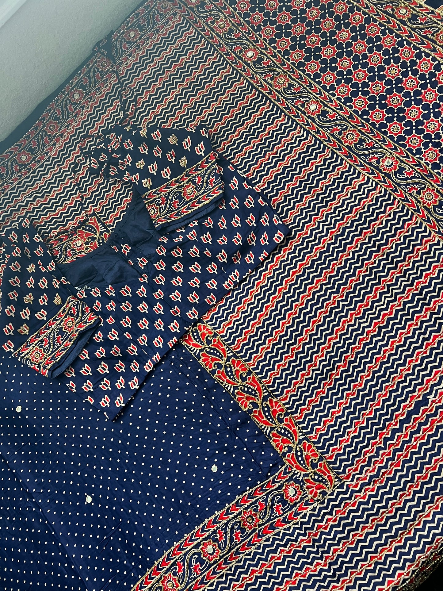Navy Blue Ajrakh Modal Silk Handwork Saree