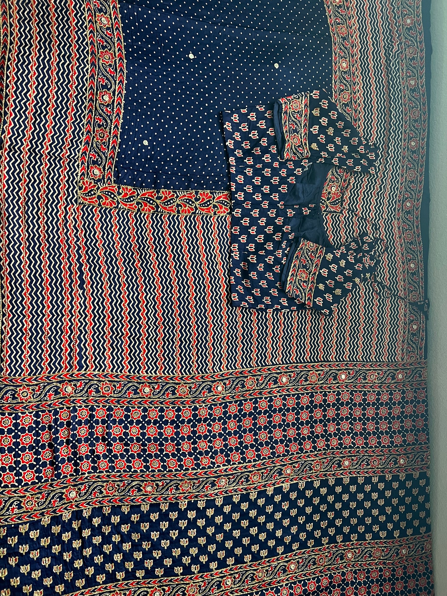 Navy Blue Ajrakh Modal Silk Handwork Saree
