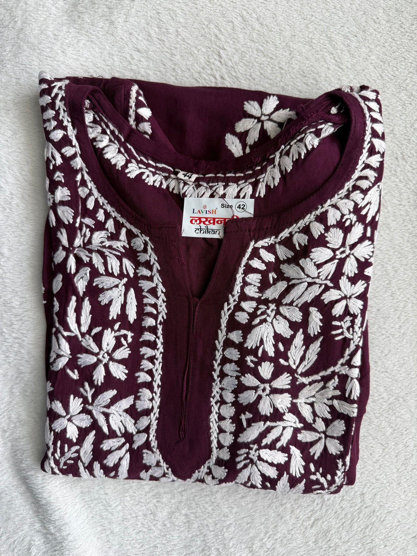 Wine Shade Rayon Chikankari Short Kurti