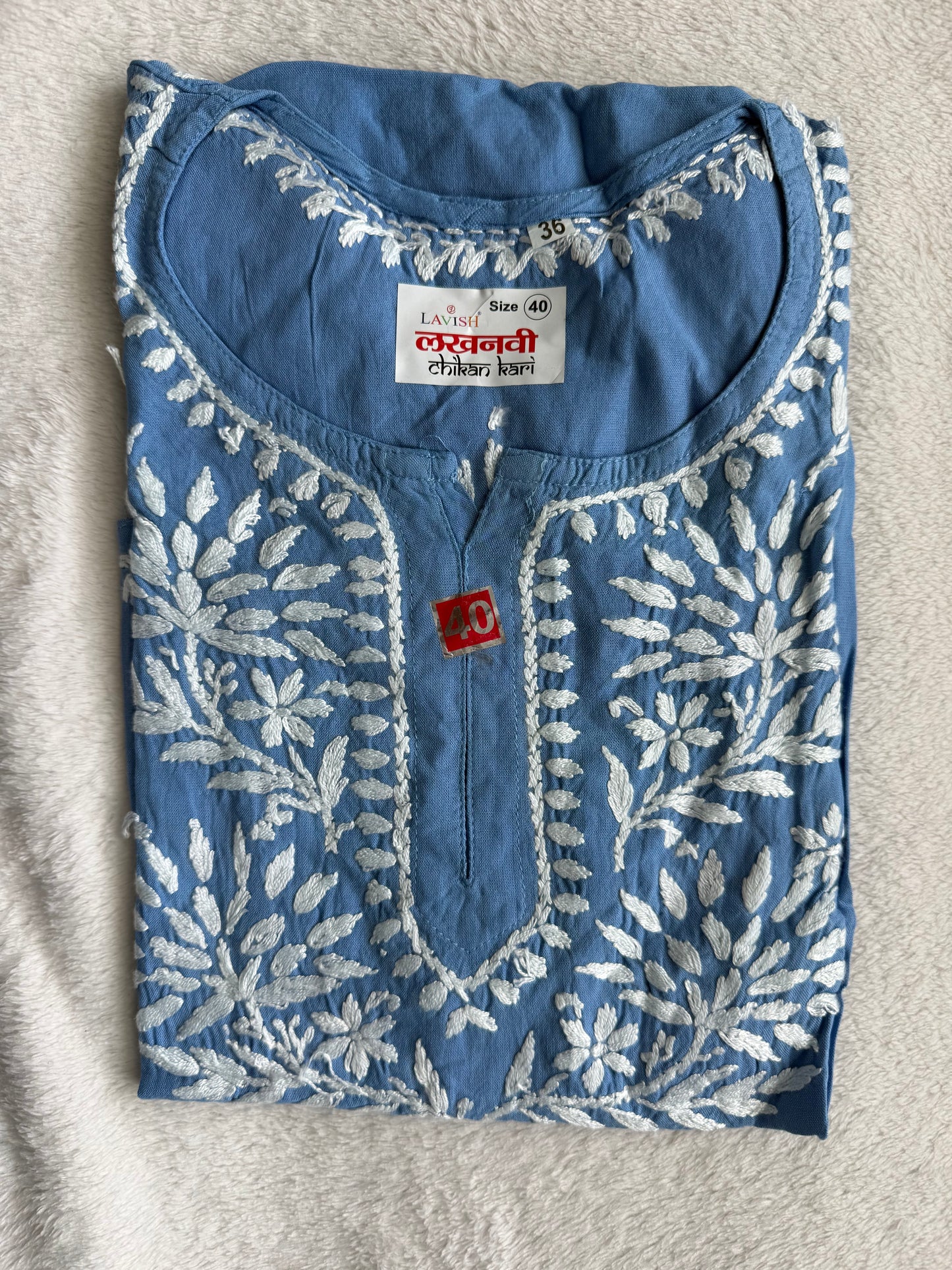 Powder Blue Rayon Chikankari Short Kurti