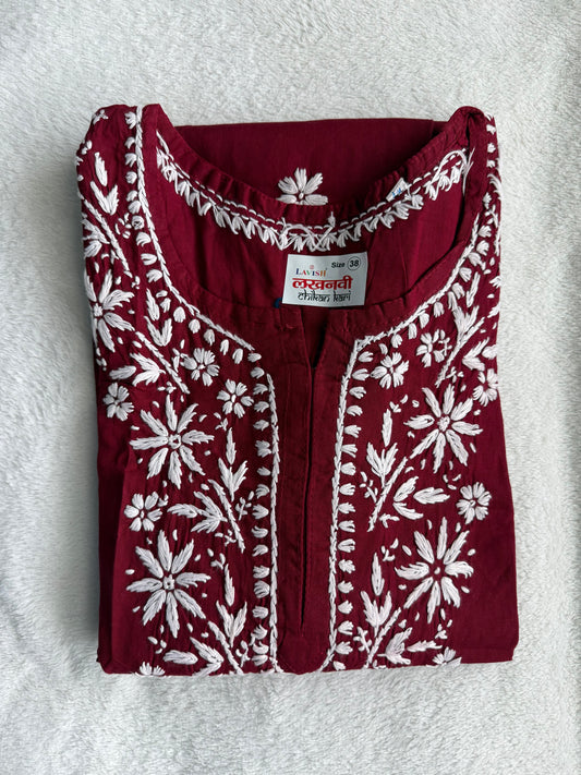 Maroon Cotton Chikankari Short Kurti
