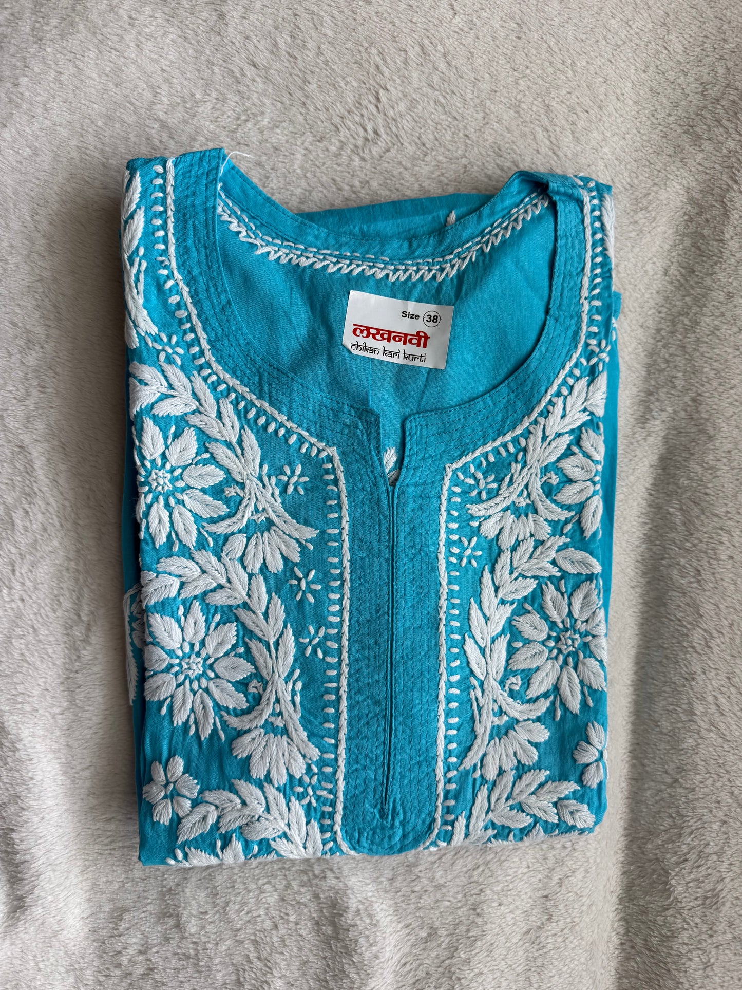 Sky Blue Cotton Chikankari Short Kurti