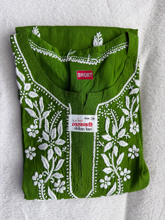 Green Cotton Chikankari Short Kurti