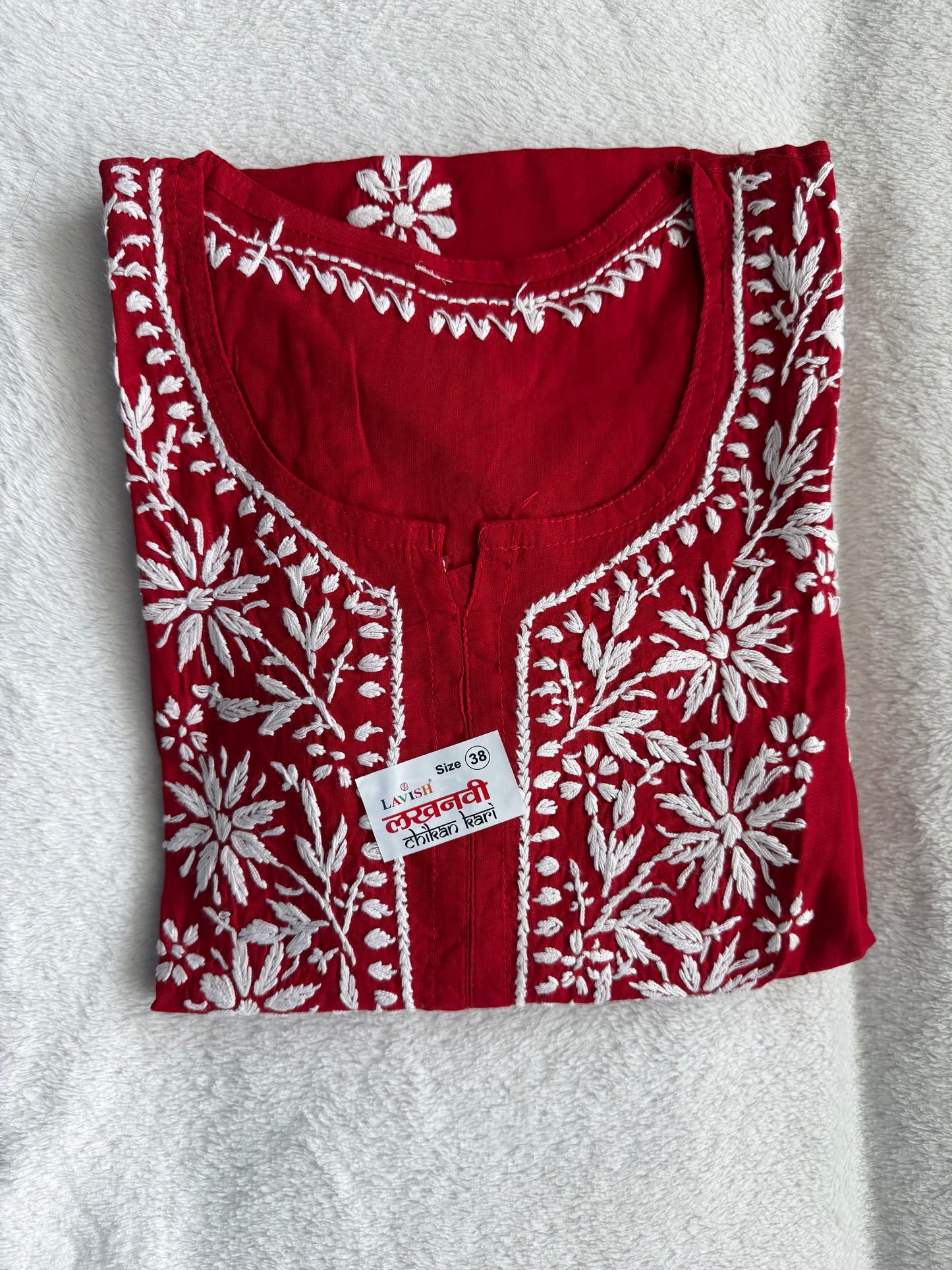 Red Cotton Chikankari Short Kurti
