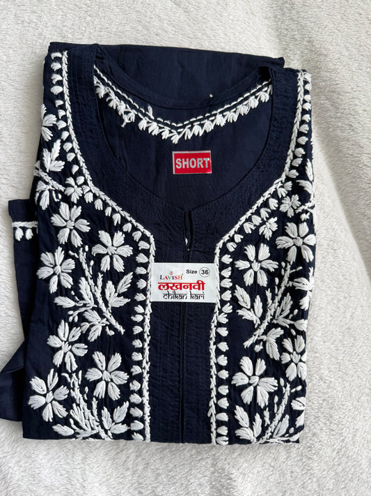 Dark Navy Blue Cotton Chikankari Short Kurti