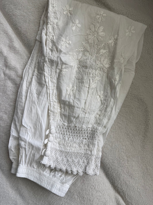 White Chikankari Farshi Salwar Pant - Button Detailing