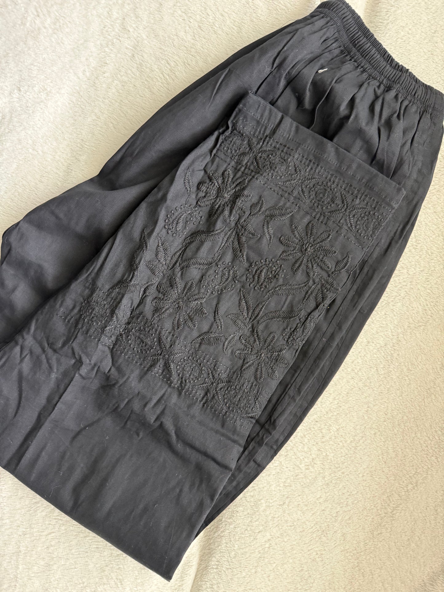 Black Chikankari Straight Cut Cotton Pant