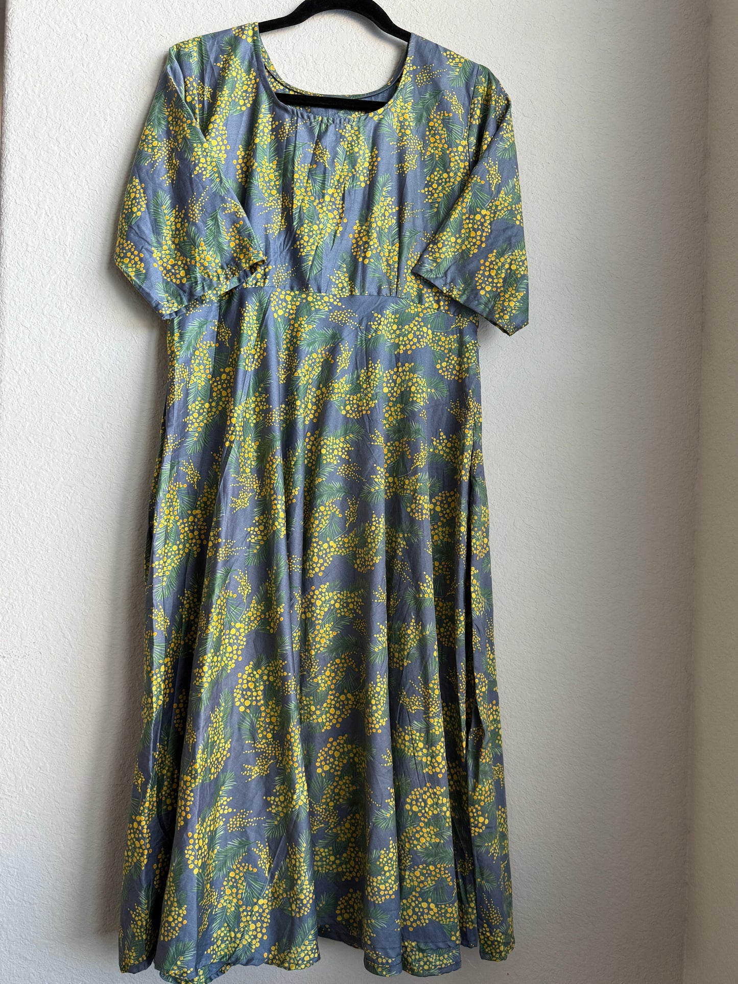 Floral Rayon Midi Dress – Gray Base with Yellow Green Print – 3/4 Sleeve
