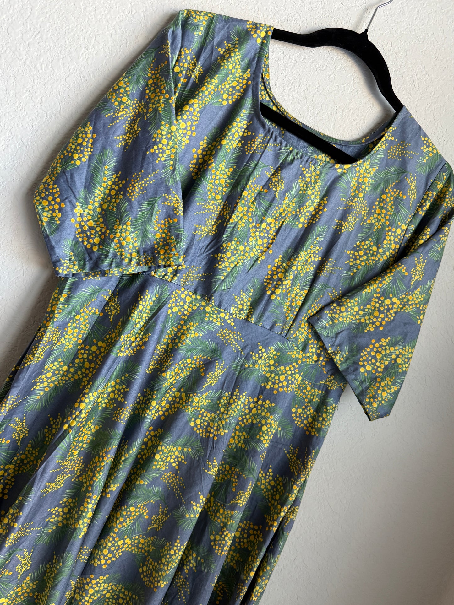 Floral Rayon Midi Dress – Gray Base with Yellow Green Print – 3/4 Sleeve