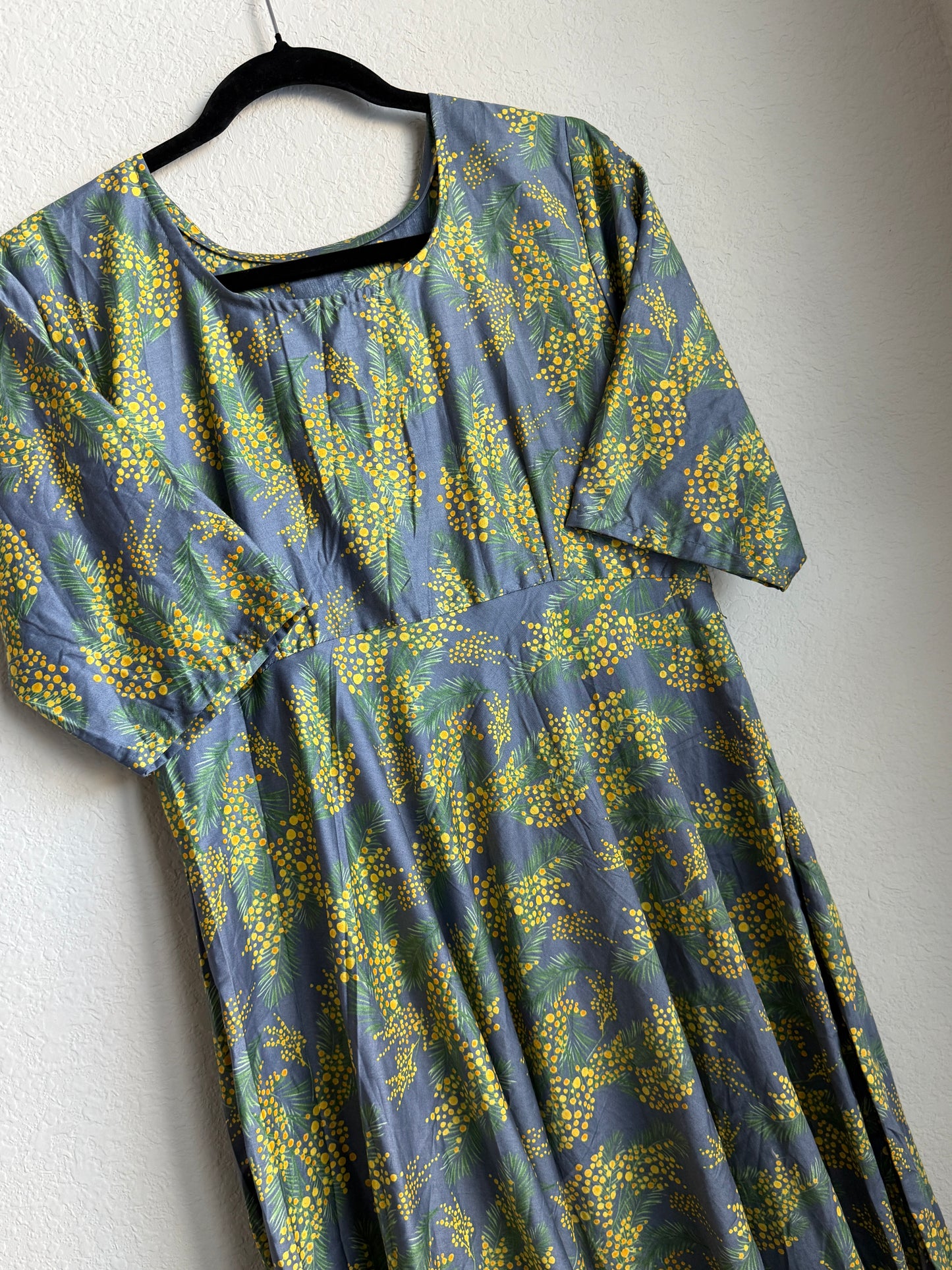 Floral Rayon Midi Dress – Gray Base with Yellow Green Print – 3/4 Sleeve
