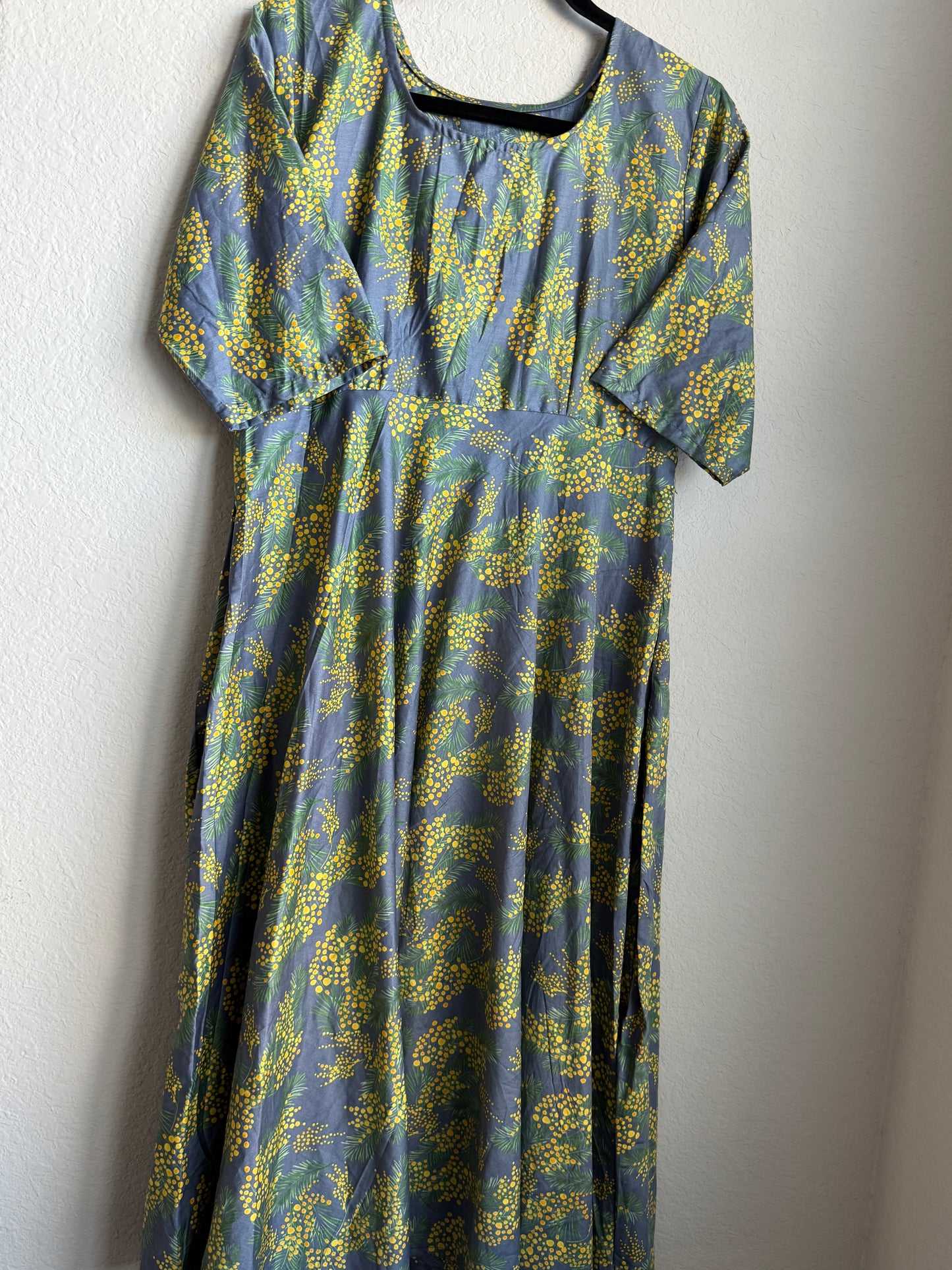 Floral Rayon Midi Dress – Gray Base with Yellow Green Print – 3/4 Sleeve