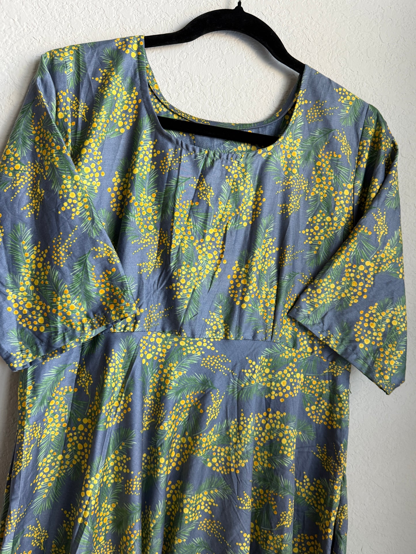 Floral Rayon Midi Dress – Gray Base with Yellow Green Print – 3/4 Sleeve