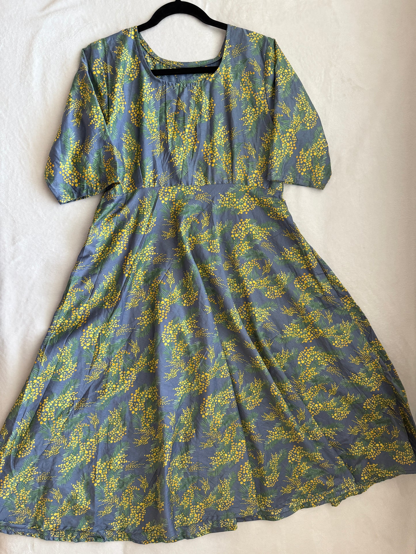 Floral Rayon Midi Dress – Gray Base with Yellow Green Print – 3/4 Sleeve