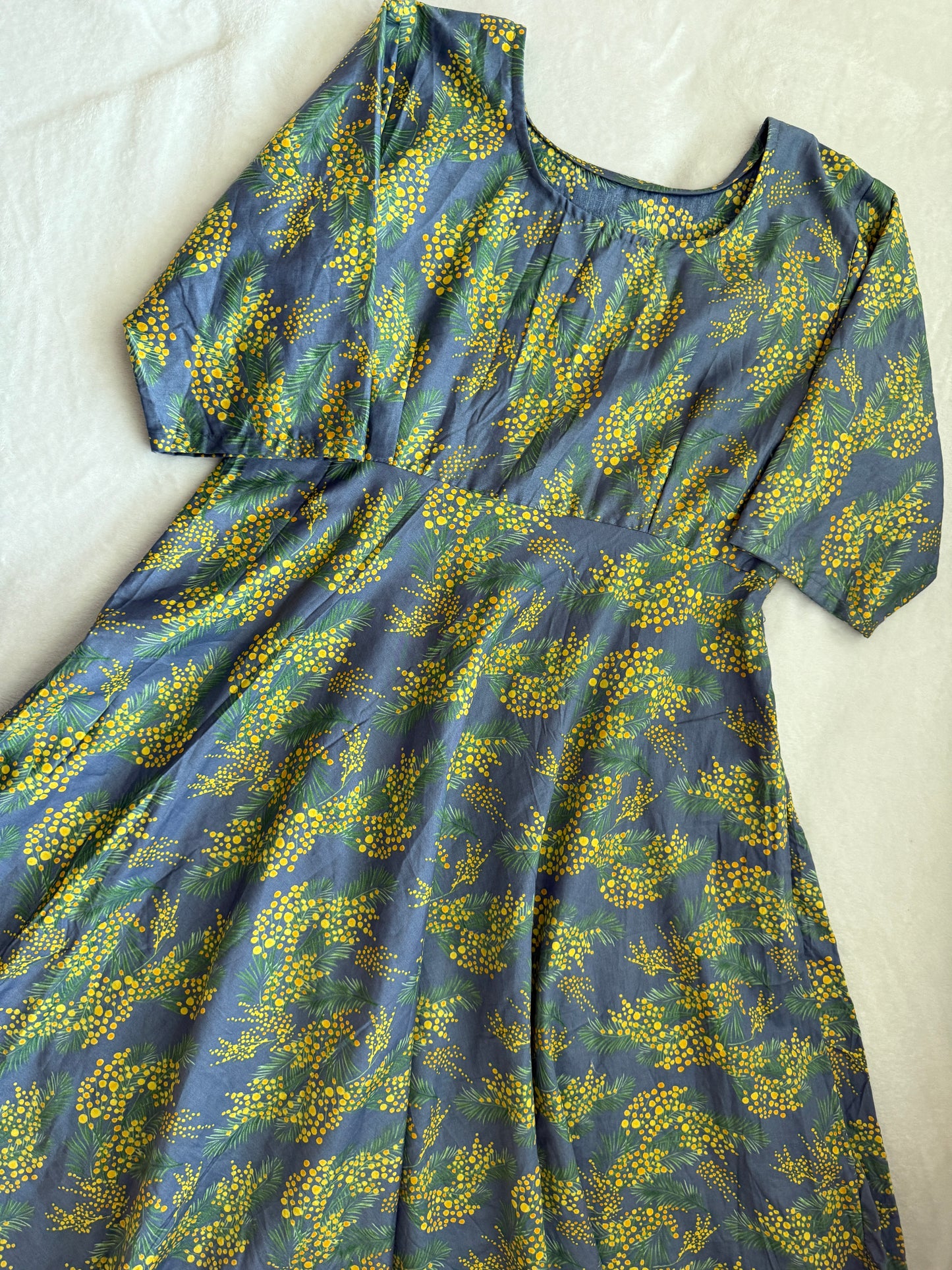 Floral Rayon Midi Dress – Gray Base with Yellow Green Print – 3/4 Sleeve