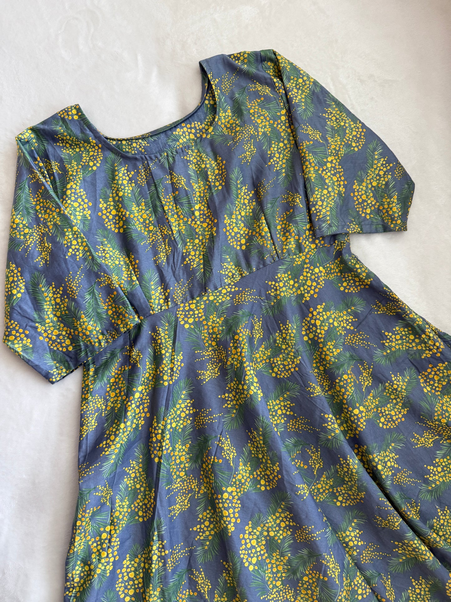 Floral Rayon Midi Dress – Gray Base with Yellow Green Print – 3/4 Sleeve