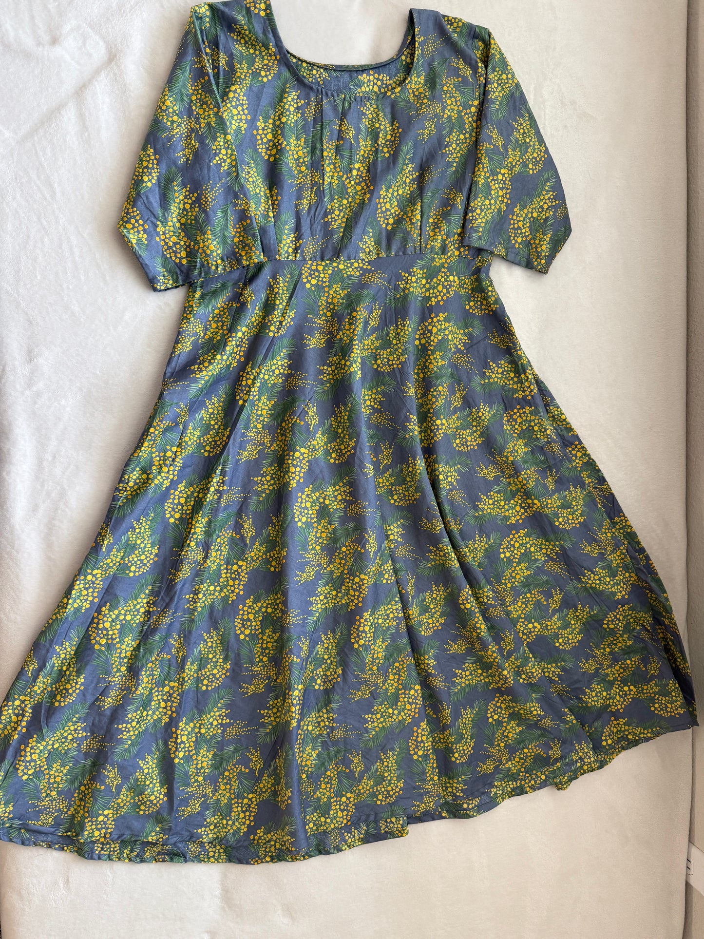 Floral Rayon Midi Dress – Gray Base with Yellow Green Print – 3/4 Sleeve