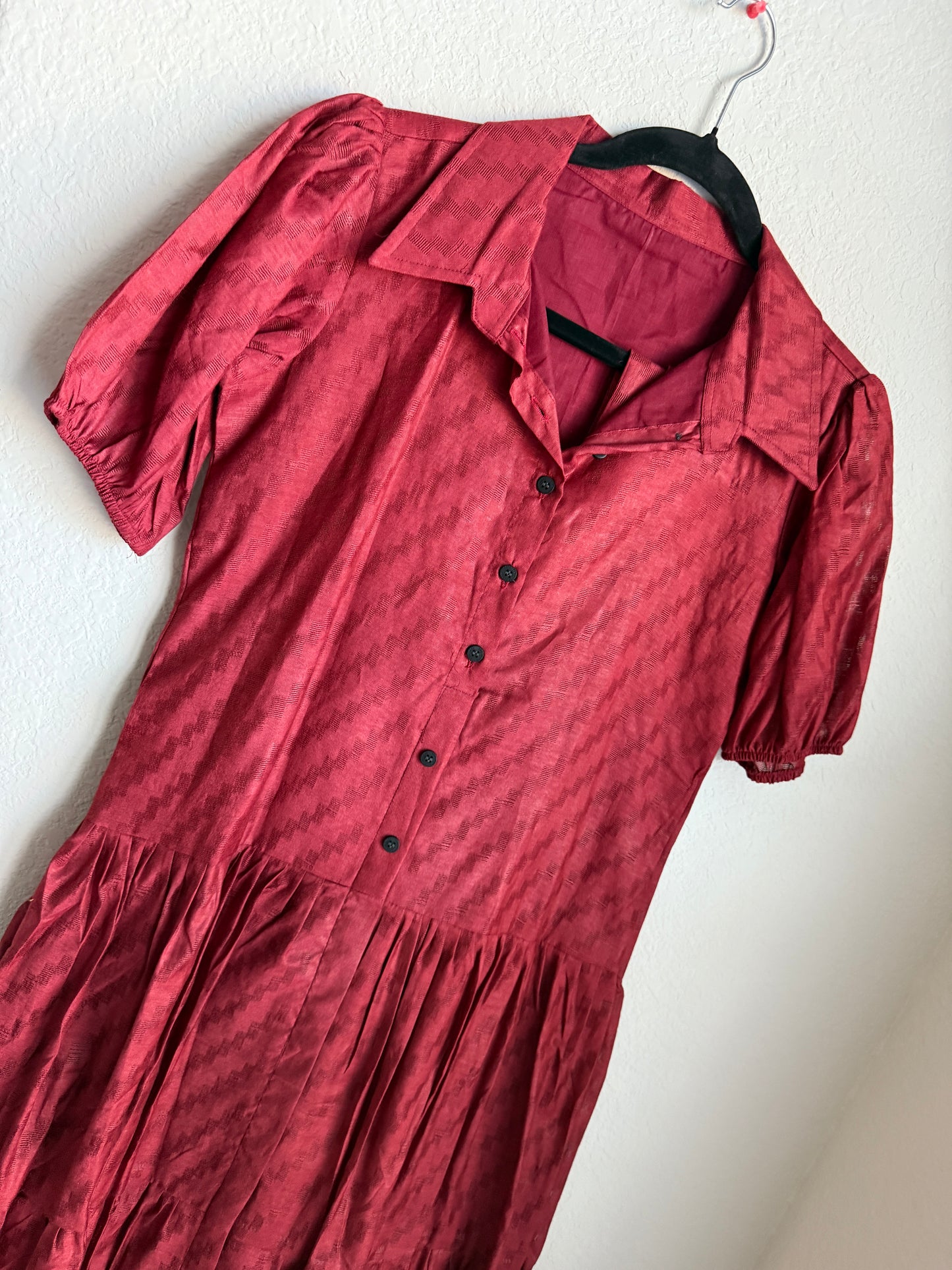 Maroon Cotton Collared Button Midi Dress with Puff Sleeves & Belt