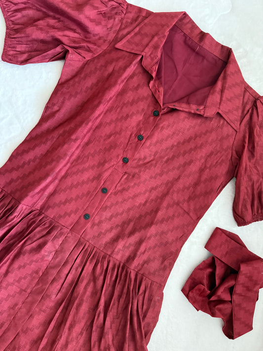 Maroon Cotton Collared Button Midi Dress with Puff Sleeves & Belt