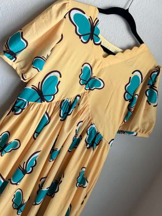 Yellow Butterfly Print Puff Sleeve Cotton Midi Dress with Ruffle Hem
