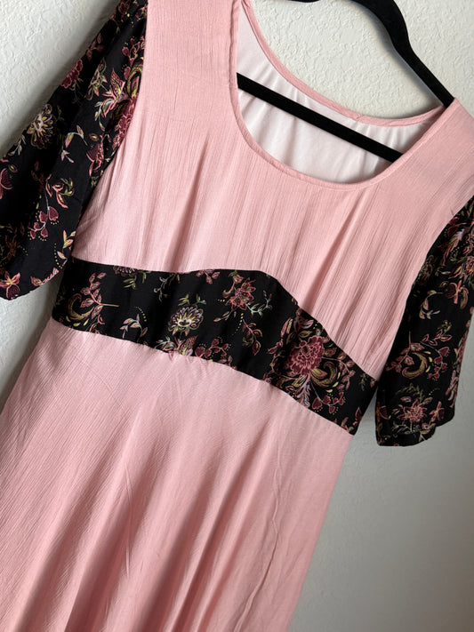 Peach Pink Midi Dress with Floral Yoke and Ruffle Hem