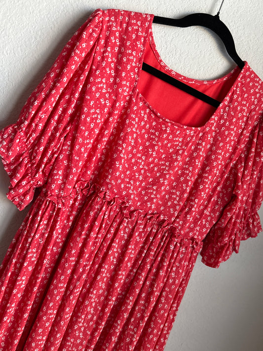 Red Floral Rayon Puff Sleeve Midi Dress with Ruffle Hem