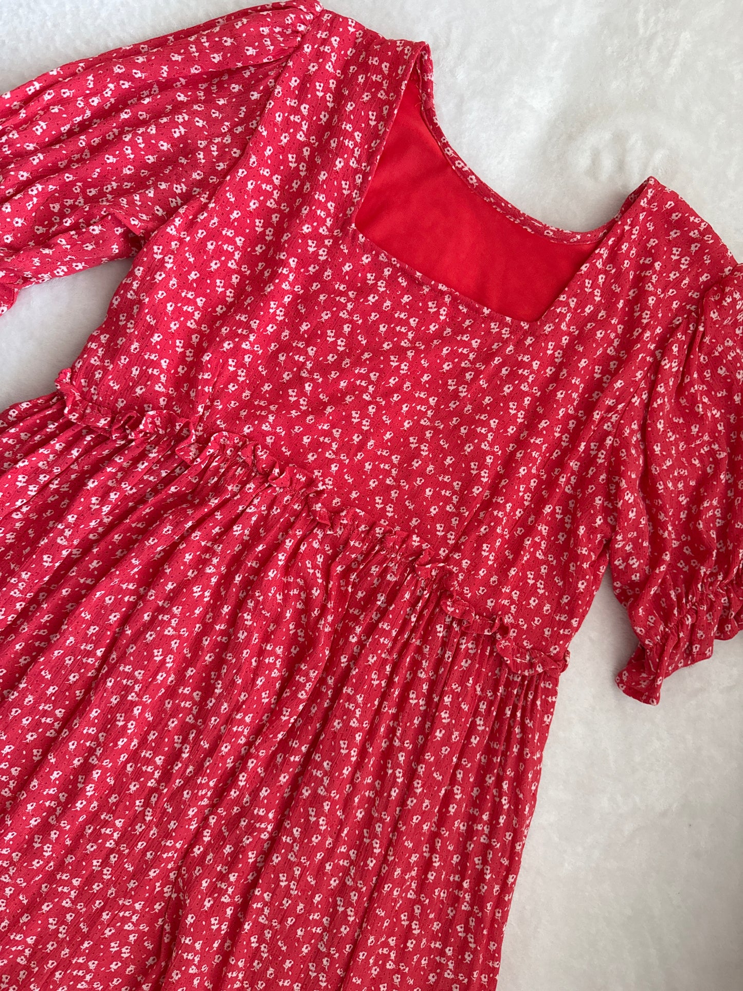 Red Floral Rayon Puff Sleeve Midi Dress with Ruffle Hem