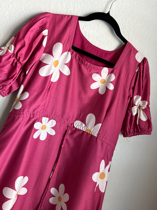 Pink Daisy Print Puff Sleeve Midi Dress with Ruffle Hem