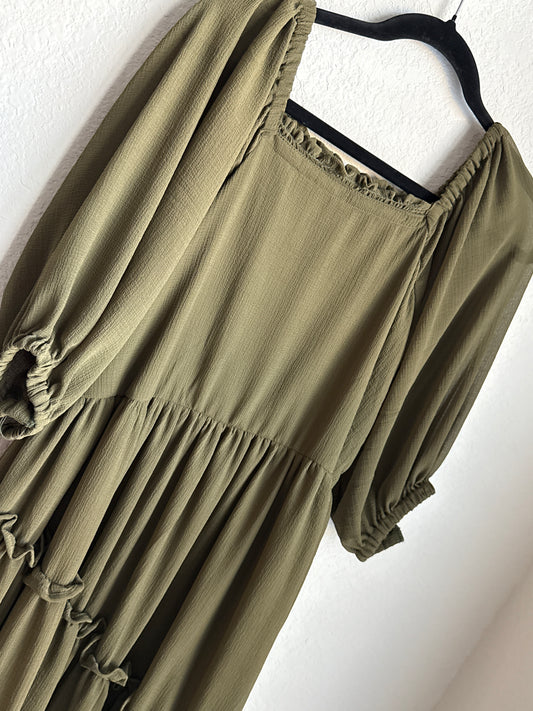 Olive Green Tiered Puff Sleeve Crape Midi Dress – Square Neck Boho Style