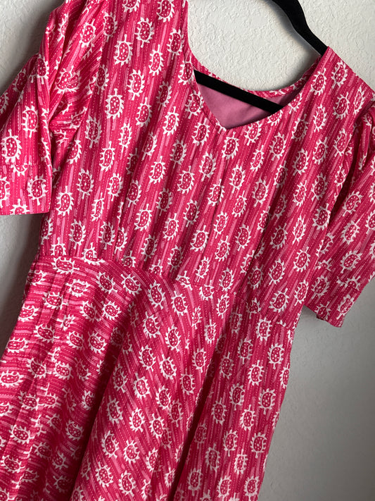 Pink Hand Block Cotton Midi Dress with Ruffle Hem – Summer Ethnic Style