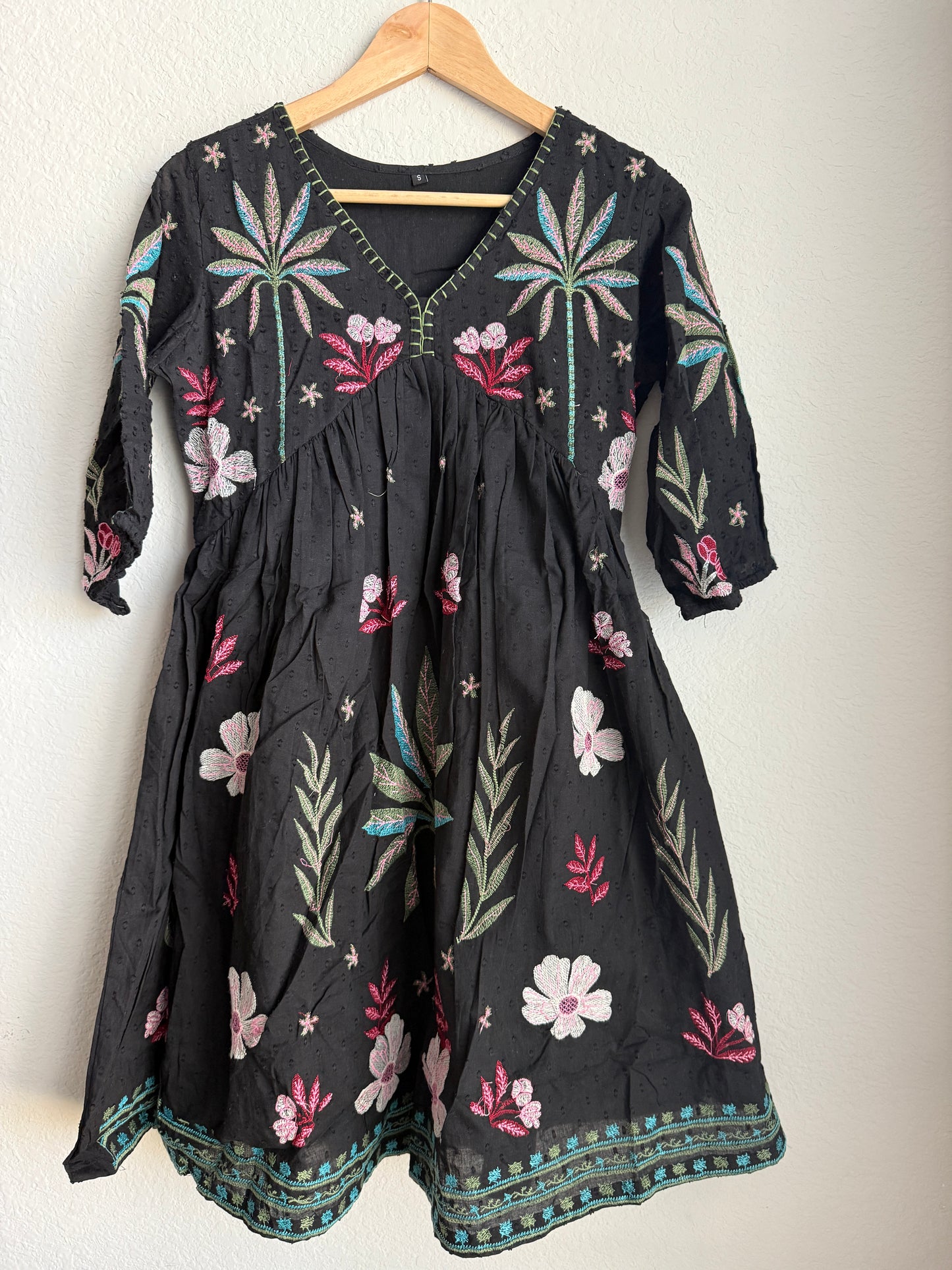 Black Cotton Embroidered Short Tunic – Floral Boho Kurti Dress