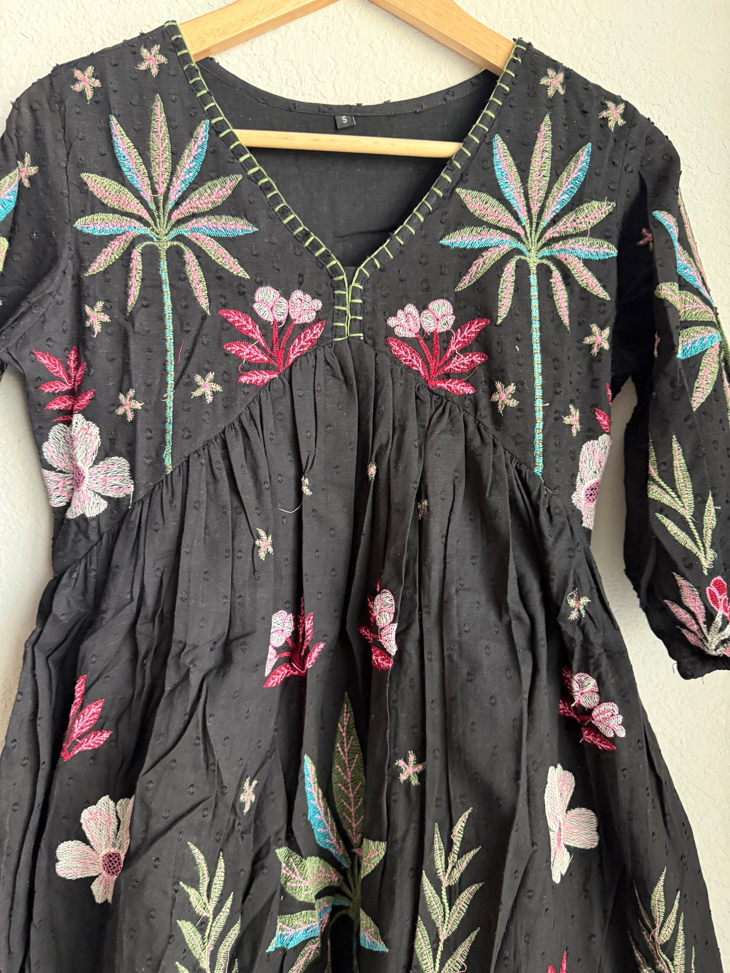 Black Cotton Embroidered Short Tunic – Floral Boho Kurti Dress