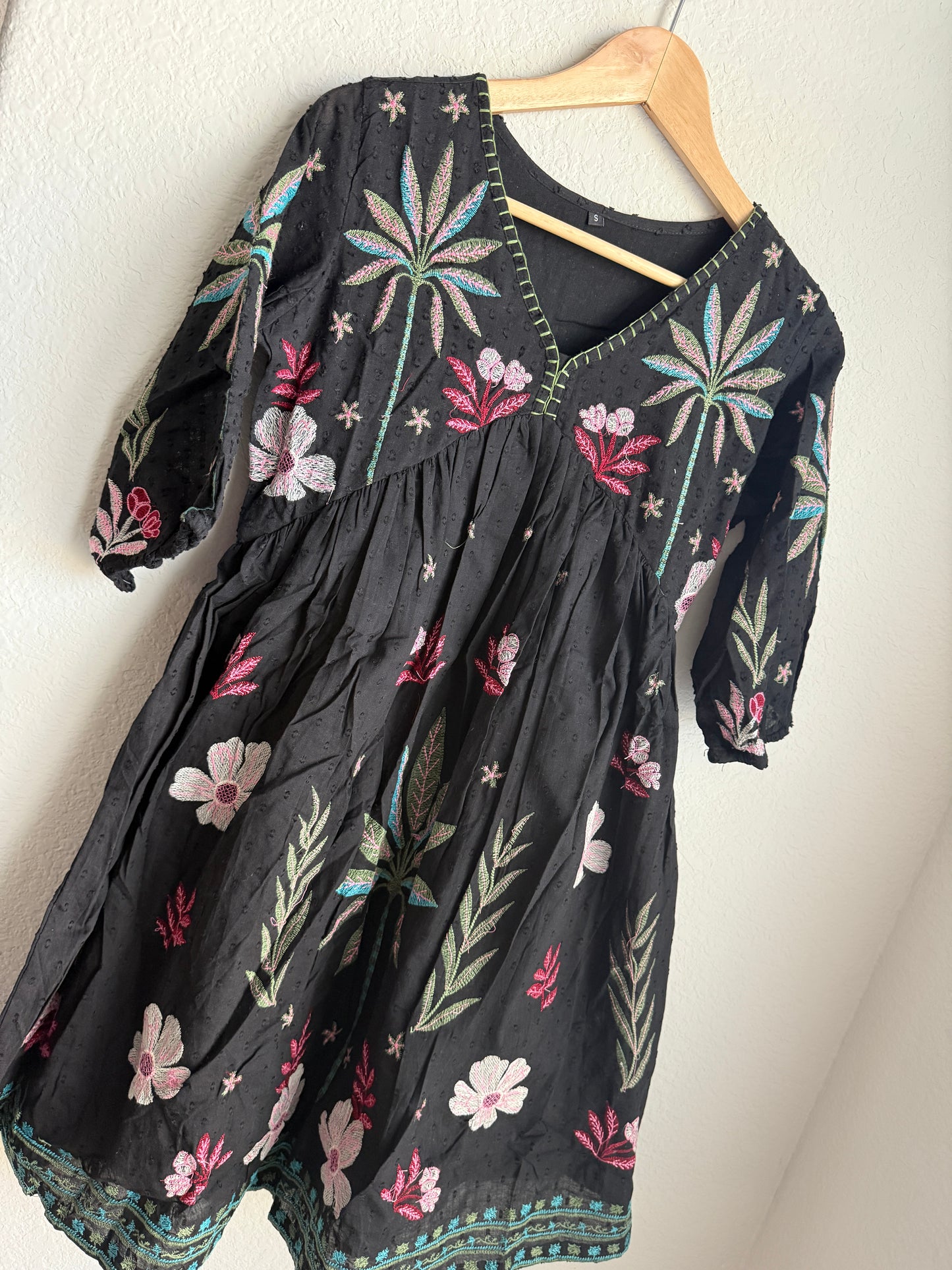 Black Cotton Embroidered Short Tunic – Floral Boho Kurti Dress