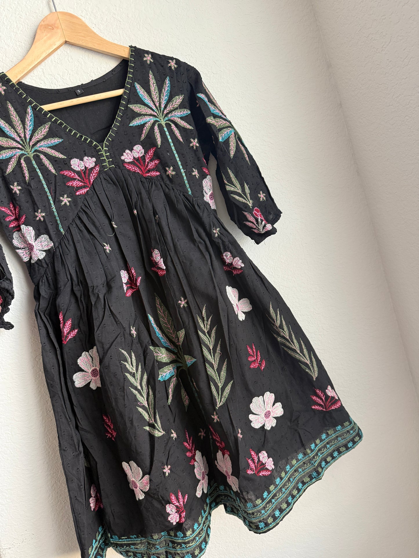 Black Cotton Embroidered Short Tunic – Floral Boho Kurti Dress