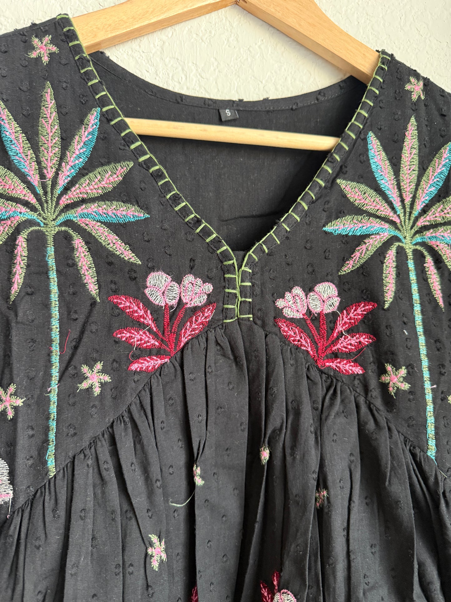 Black Cotton Embroidered Short Tunic – Floral Boho Kurti Dress