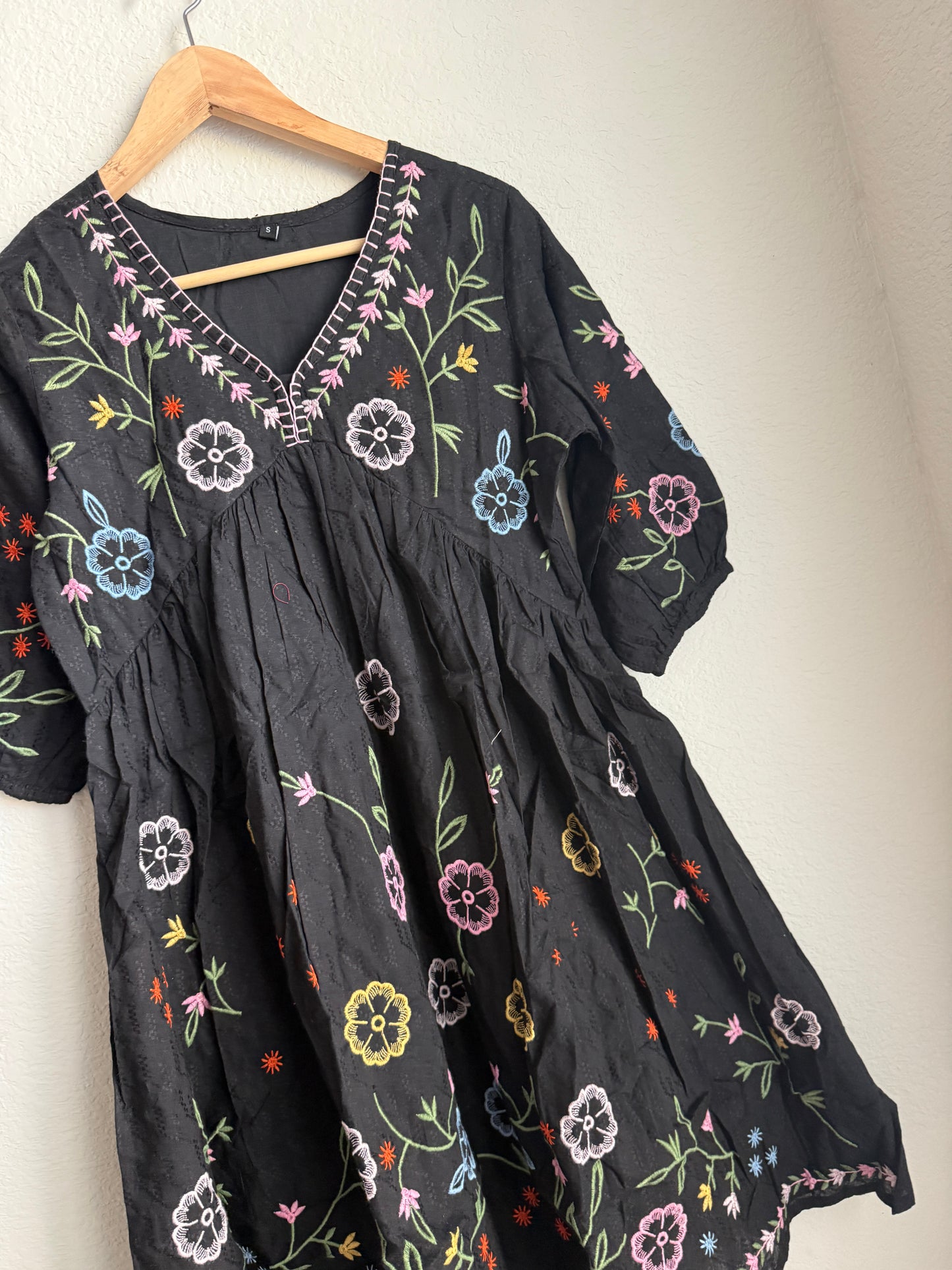 Black Cotton Embroidered Short Tunic Dress – Multicolor Floral Kurti