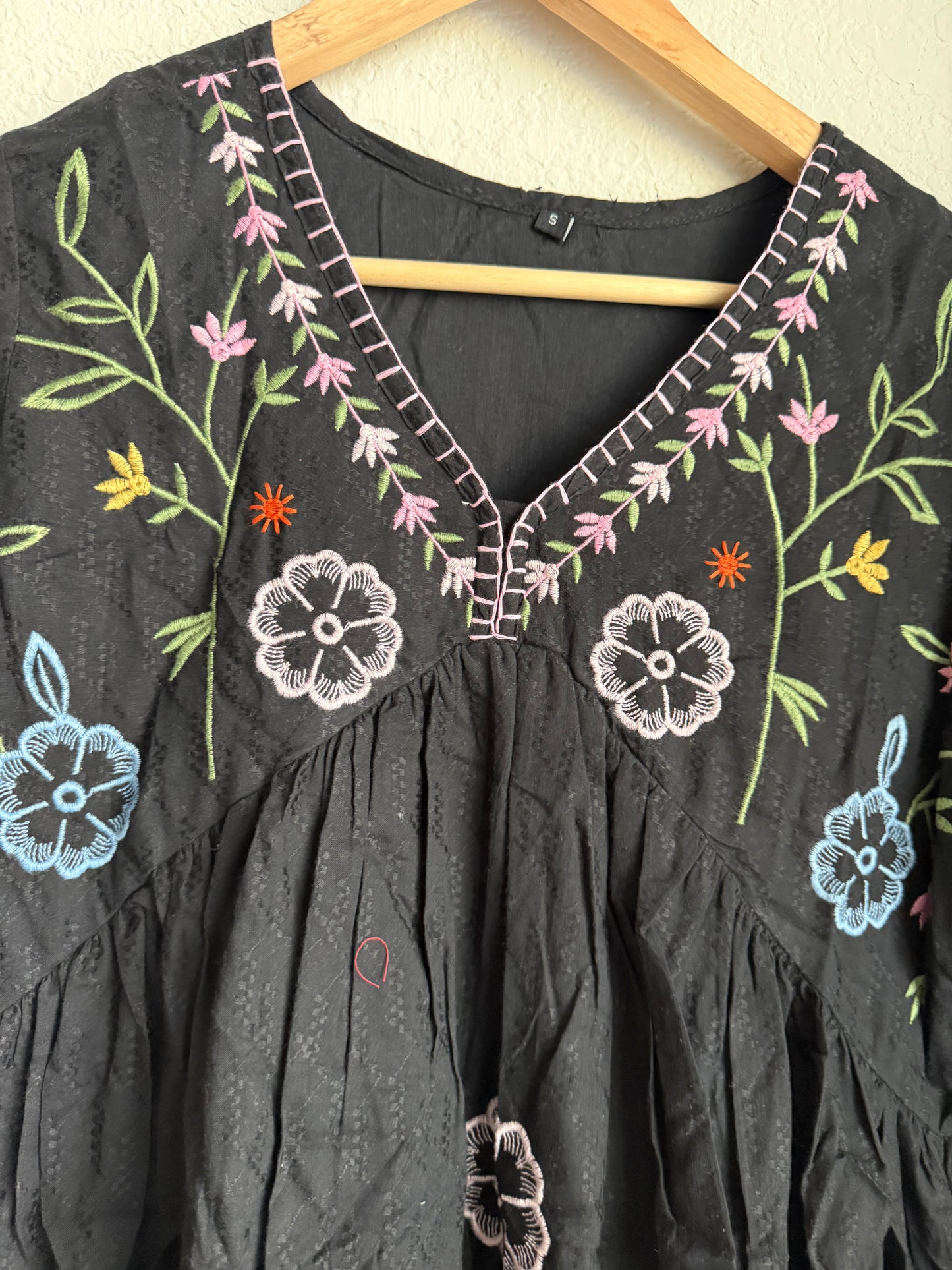 Black Cotton Embroidered Short Tunic Dress – Multicolor Floral Kurti