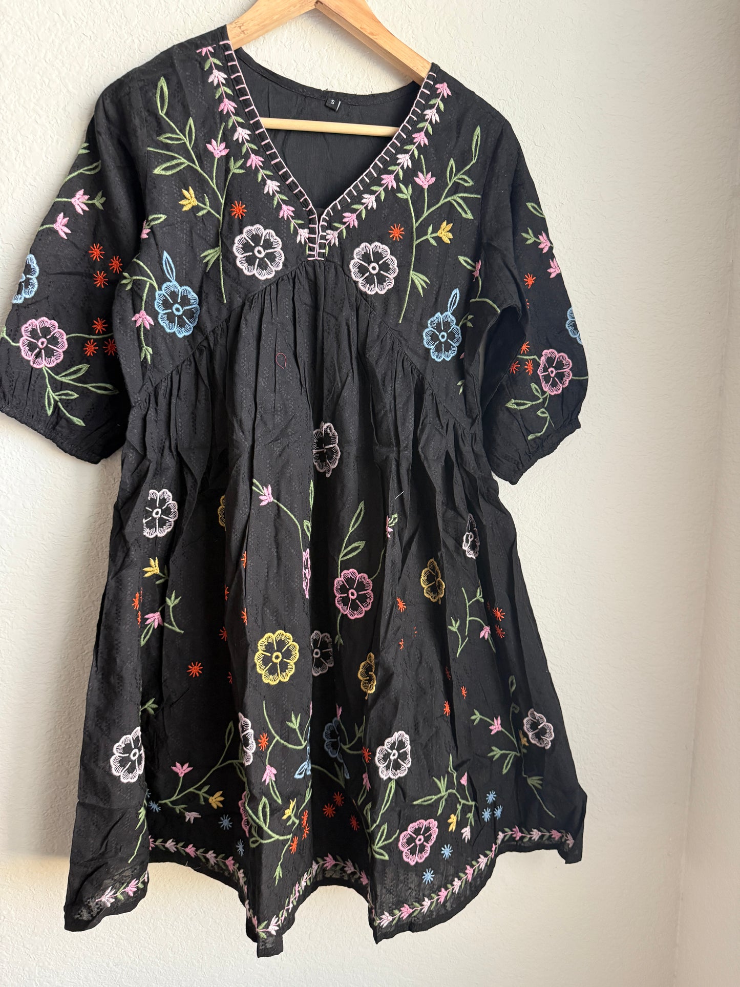 Black Cotton Embroidered Short Tunic Dress – Multicolor Floral Kurti