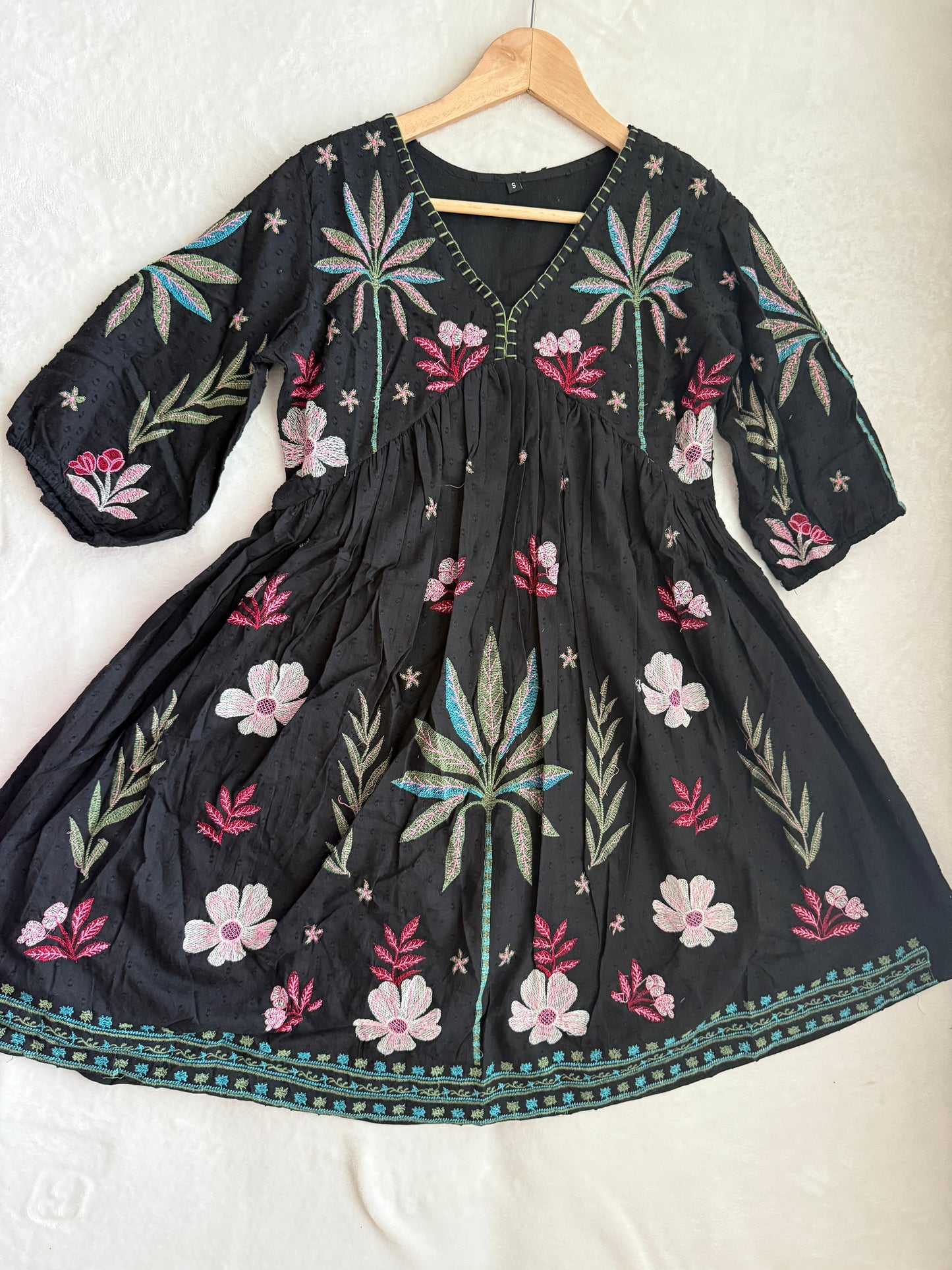 Black Cotton Embroidered Short Tunic – Floral Boho Kurti Dress