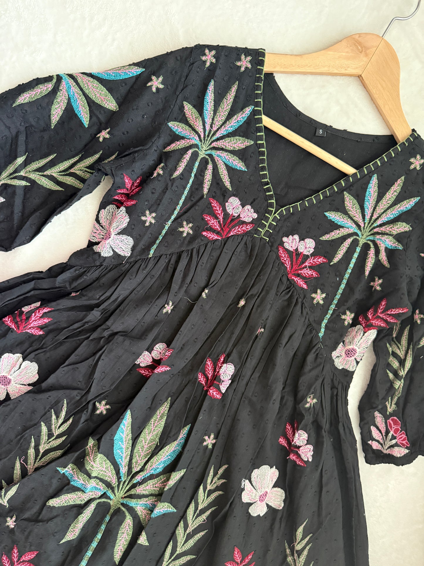 Black Cotton Embroidered Short Tunic – Floral Boho Kurti Dress