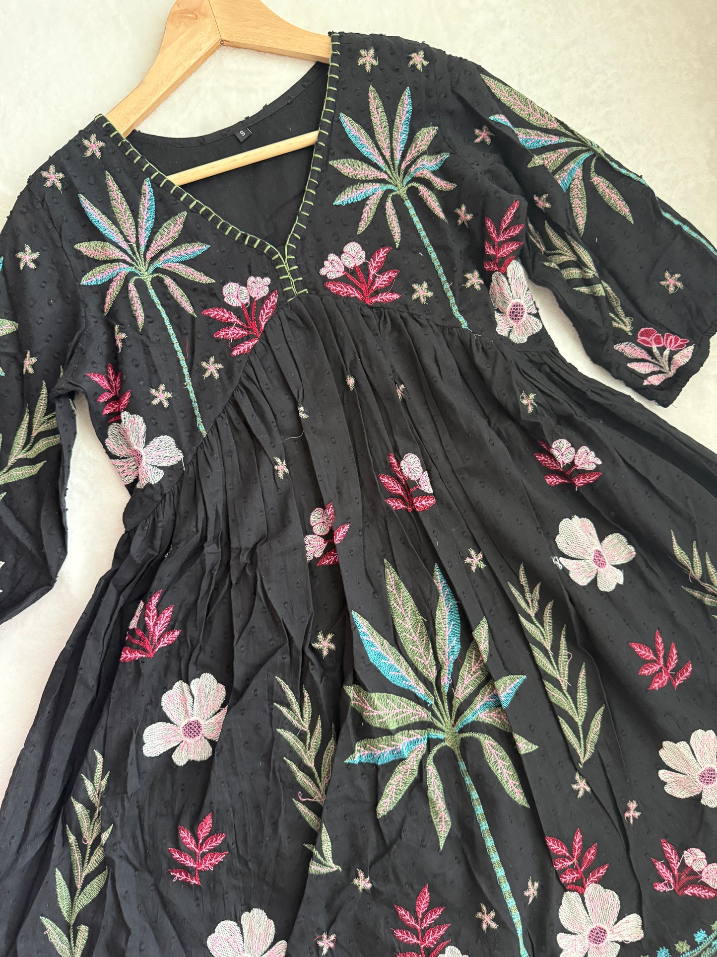 Black Cotton Embroidered Short Tunic – Floral Boho Kurti Dress