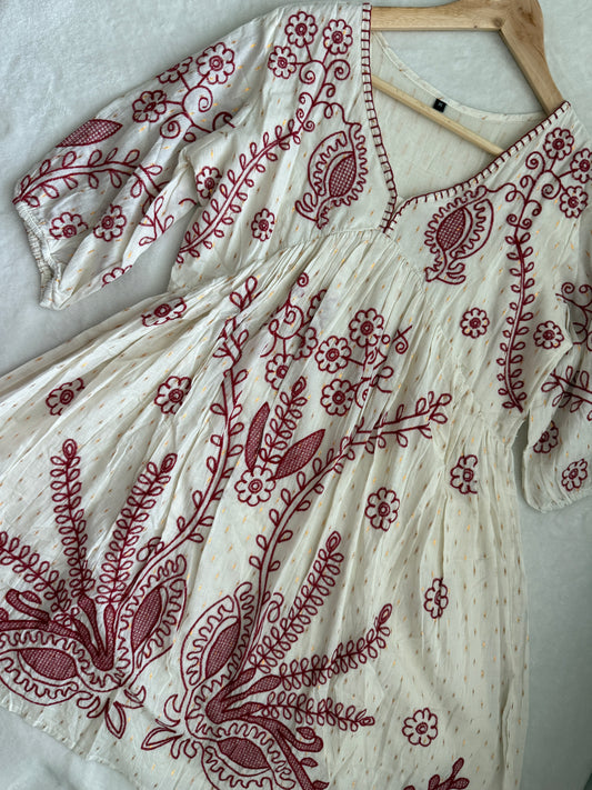 White Cotton Embroidered Short Kurti – Maroon Floral Tunic Dress