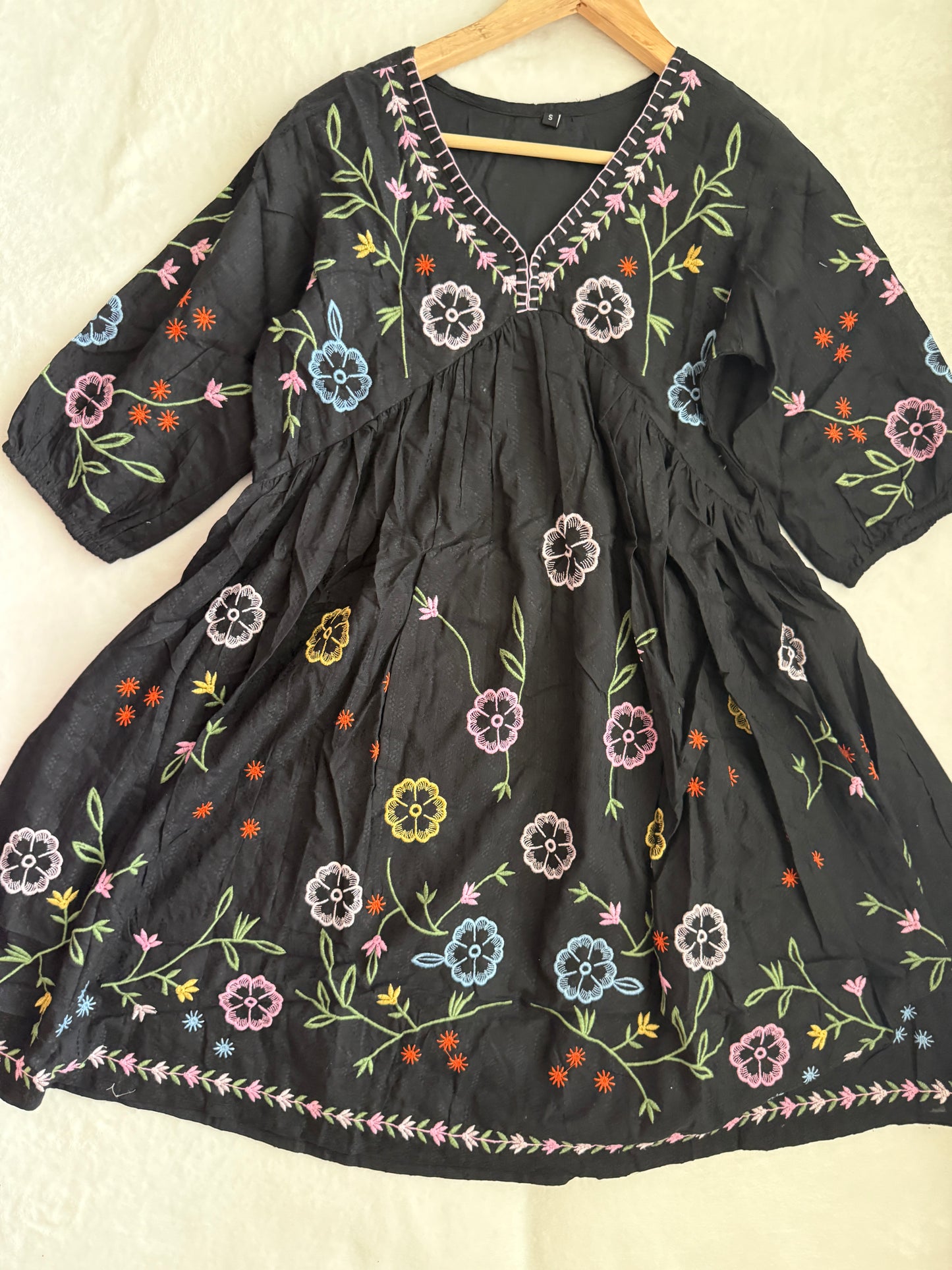 Black Cotton Embroidered Short Tunic Dress – Multicolor Floral Kurti