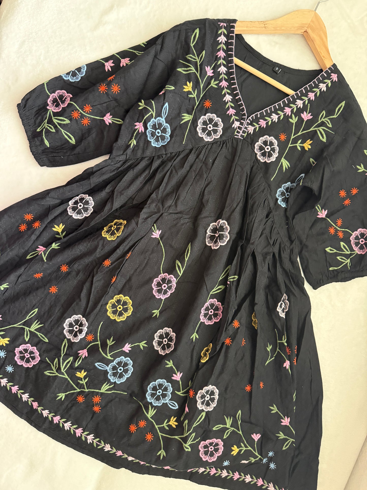 Black Cotton Embroidered Short Tunic Dress – Multicolor Floral Kurti