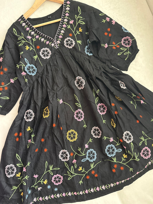 Black Cotton Embroidered Short Tunic Dress – Multicolor Floral Kurti