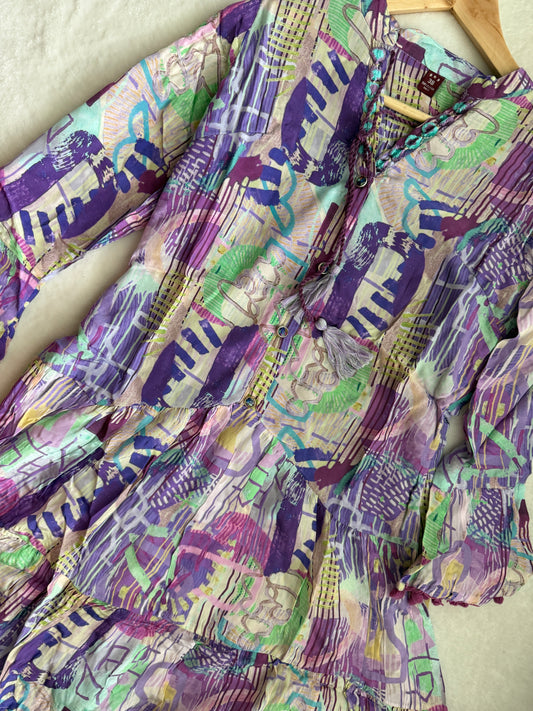 Multicolor Crape Short Vacation Tunic Style Short Dress