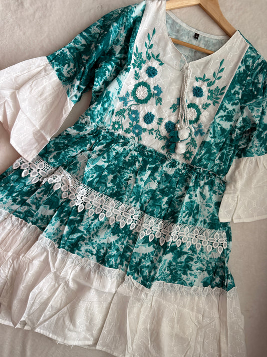 White and Blue Short Dress - Cotton Short Kurti - Boho Vacation Tunic