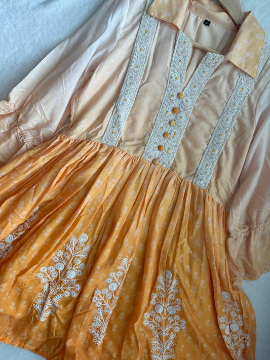 Peach and orange dual shade short collar style summer dress - tunic