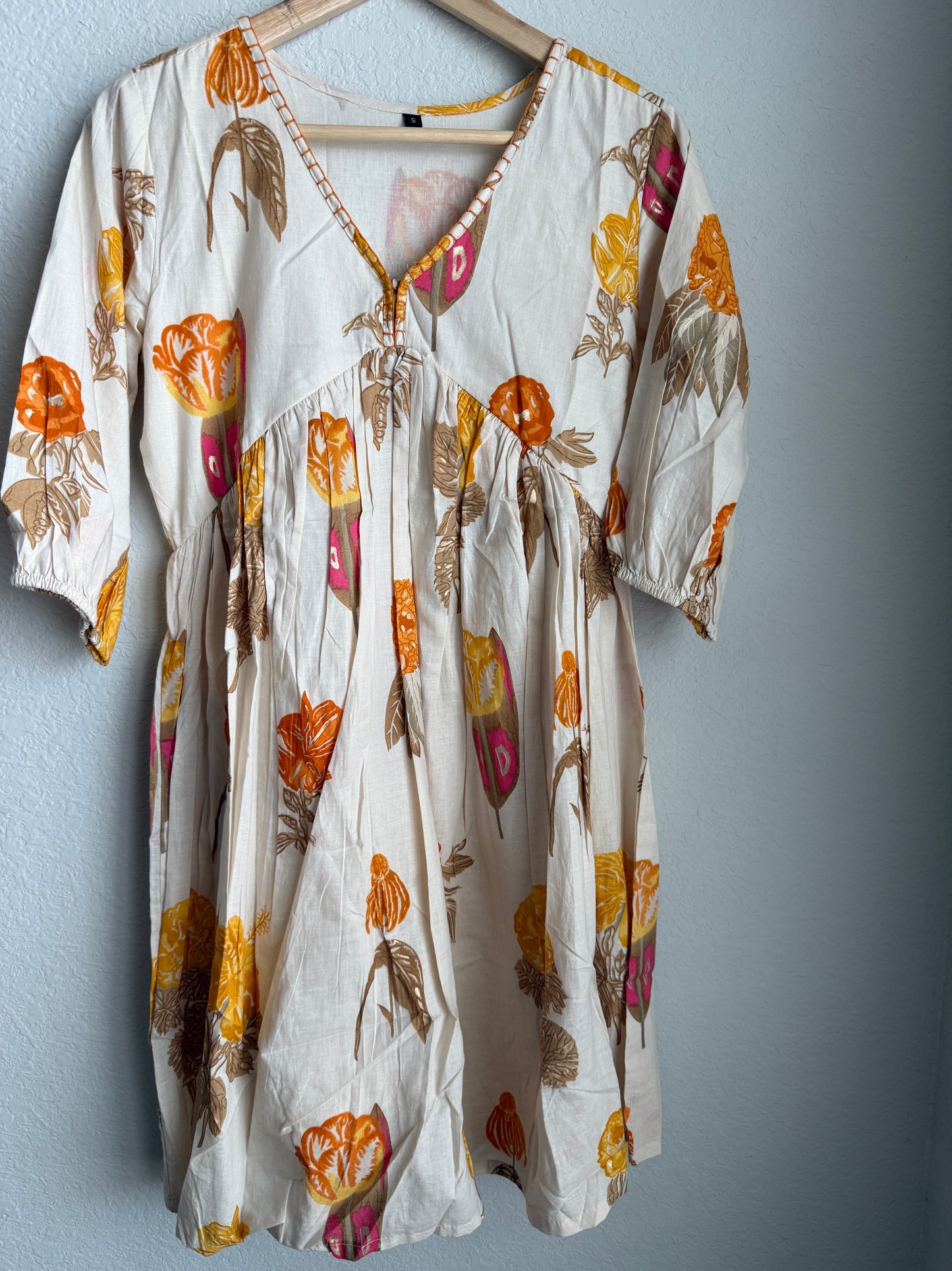 Beige with orange handblock print floral short dress - tunic style dress