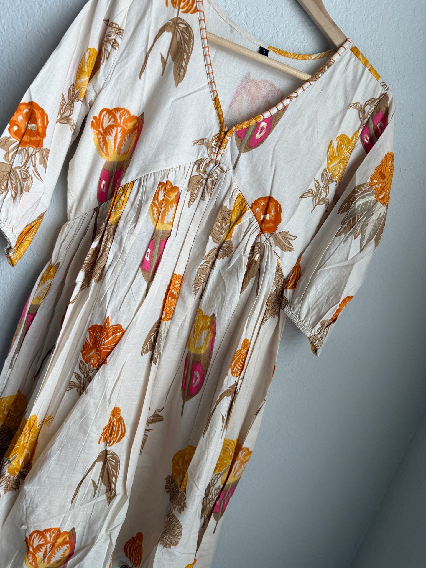 Beige with orange handblock print floral short dress - tunic style dress