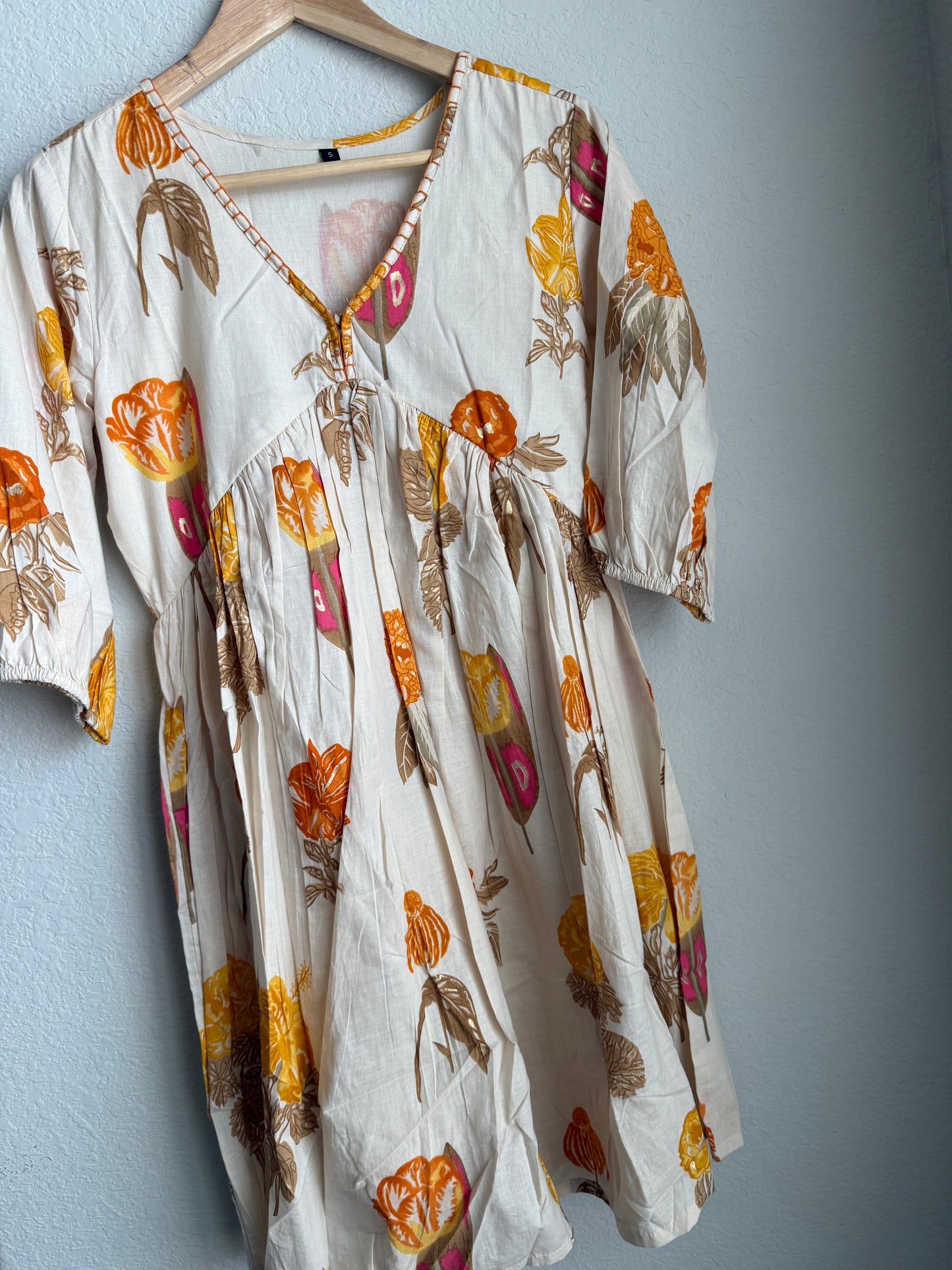 Beige with orange handblock print floral short dress - tunic style dress